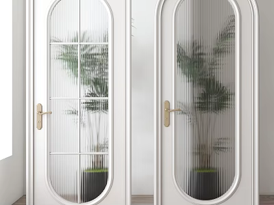 White Hinged Doors With Oval Glass Panels And Golden Handles Revealing Green Palm In Interior 3d model