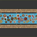 Assorted Foods Cakes Desserts and Fruits on Blue Tablecloth Long Table with Benches