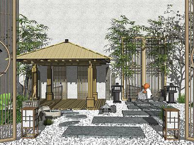 Traditional Chinese Garden Landscape Featuring Pavilion Yellow Roof Latticed Gate Trees And Stone Path 3d model