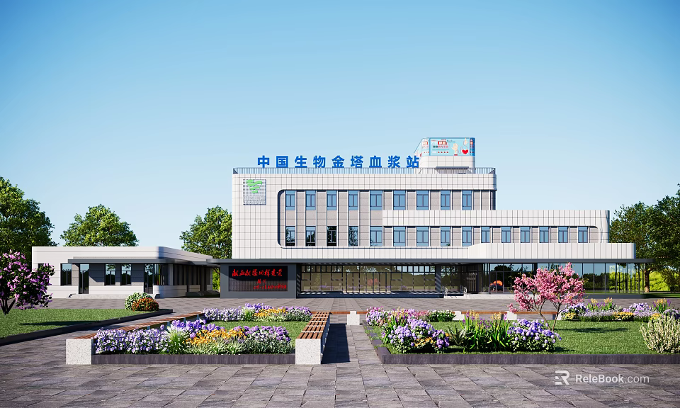 Modern Office Building Exterior With Large Windows Landscaped Garden And Colorful Flower Beds 3d model 
