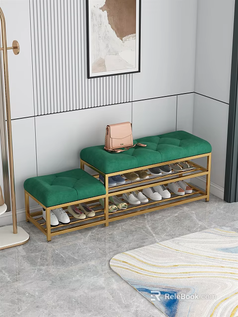 Green Storage Ottoman Bench With Shoe Rack And Pink Handbag On Top 3d model 
