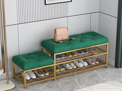 Green Storage Ottoman Bench With Shoe Rack And Pink Handbag On Top 3d model