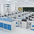 Modern Laboratory Interior Design With Blue Lab Benches White Cabinets And Large Windows 3d model