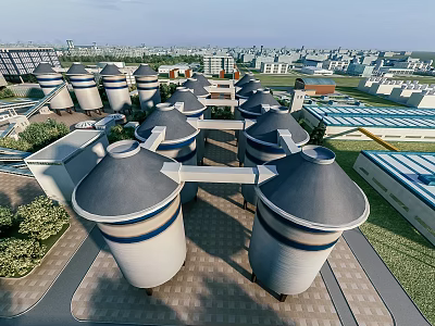 Industrial Plant With Large Cylindrical Tanks Gray Domed Roofs Connecting Pipes And Surrounding Buildings 3d model