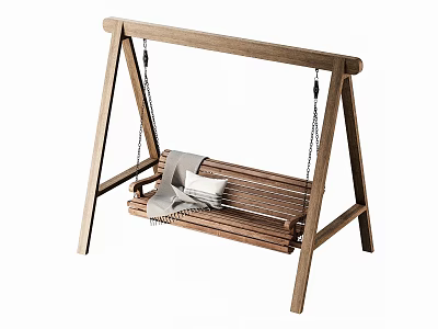 Wooden Outdoor Swing With A Frame Stand And Slat Seat Including Blanket And Cushion 3d model