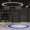 Modern Fitness Gym Interior With Boxing Ring Punching Bag Dumbbells Blue Circles And Lighting