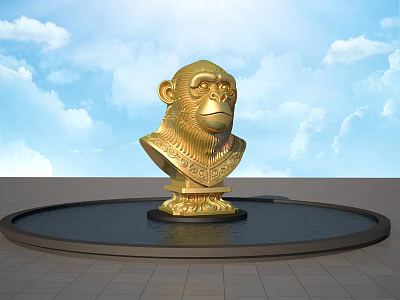 Golden Monkey Bust Sculpture on Circular Water Pool Platform with Blue Sky and Clouds Background 3d model