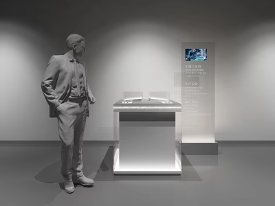 Modern Cultural Center Visitor Exploring Interactive Exhibition Display With Digital Information Screen 3d model