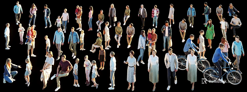 Group of People in Various Poses Standing Sitting Walking with Different Outfits 3d model 