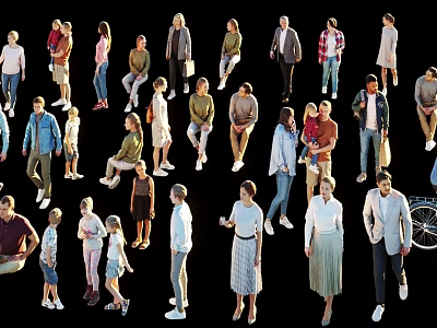 Group of People in Various Poses Standing Sitting Walking with Different Outfits 3d model