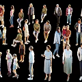Group of People in Various Poses Standing Sitting Walking with Different Outfits