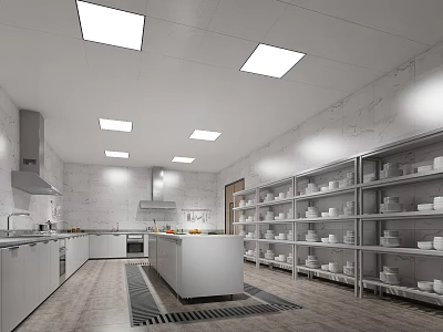 Commercial Kitchen Interior With Bright Ceiling Lights Marble Walls Central Island Counter And Metal Shelves 3d model