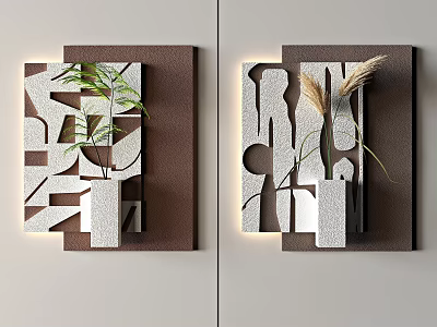 Modern Wall Decor With Geometric Patterns Green Plant Dry Grass And Illuminated Design For Home 3d model
