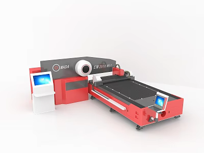 Mactron Laser Cutting Machine Red And Black Design 3015mm Worktable Digital Controls With Blue Screens 3d model