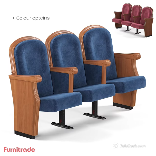 Comfortable Blue Leisure Chairs With Wooden Armrests Three In A Row 3d model 