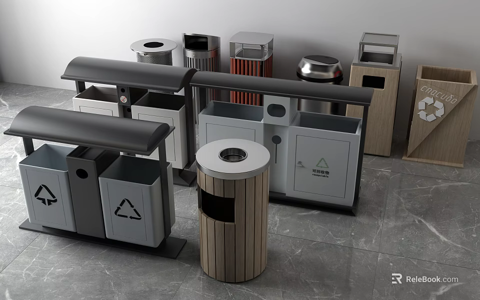 Public Facilities Waste Sorting Trash Bins With Wooden Metal Designs And Recycling Symbols 3d model 