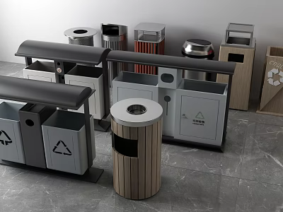 Public Facilities Waste Sorting Trash Bins With Wooden Metal Designs And Recycling Symbols 3d model