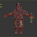 Steampunk Armored Character With Metal Helmet Orange Glowing Eye And Holding Glass Bottle
