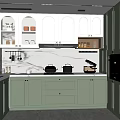 Green And White Kitchen Interior With Marble Backsplash Silver Refrigerator And Cabinets 3d model