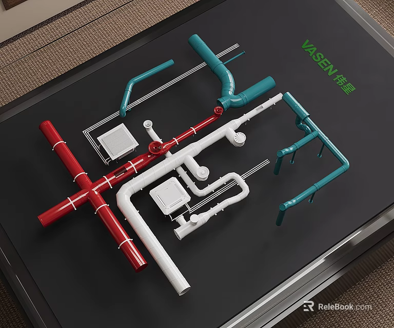 Red White and Turquoise Pipes with Valves and Fittings in Plumbing System 3d model 
