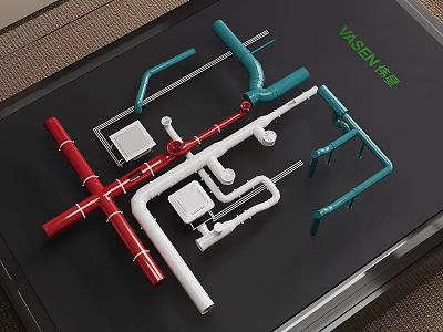 Red White and Turquoise Pipes with Valves and Fittings in Plumbing System 3d model