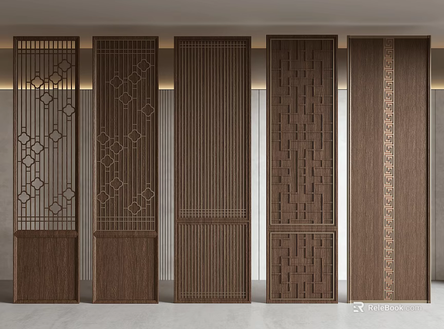Intricate Wooden Interior Wall Panels With Various Carved Patterns And Designs 3d model 