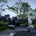 Rockery Stones With Waterfall White Horse Statue Trees Green Plants And Stone Pathway