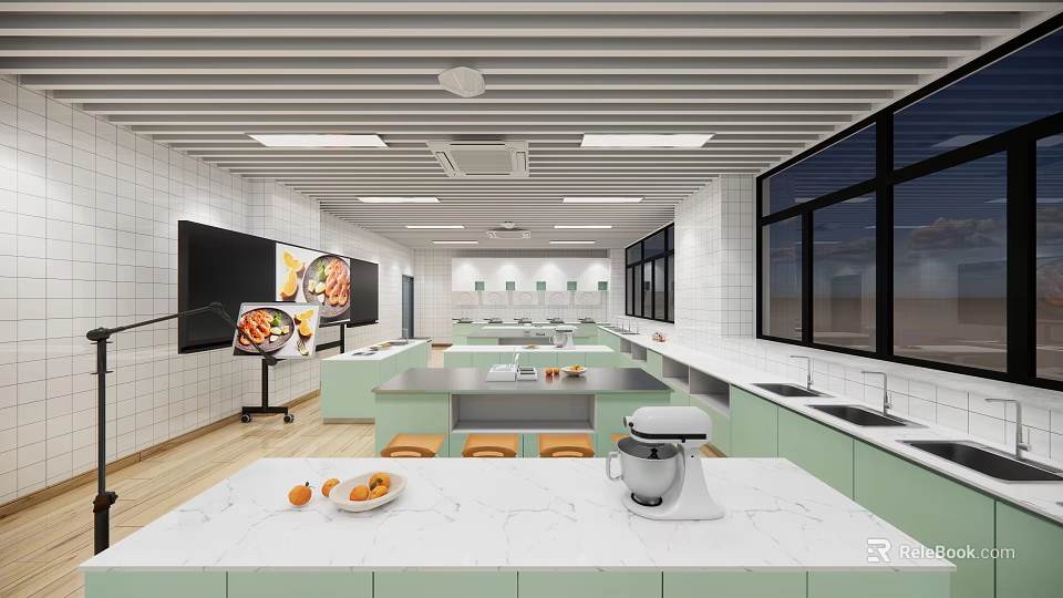 Modern School Kitchen Classroom Interior Setup With Spacious Countertops Appliances Display Screens And Cabinets 3d model 