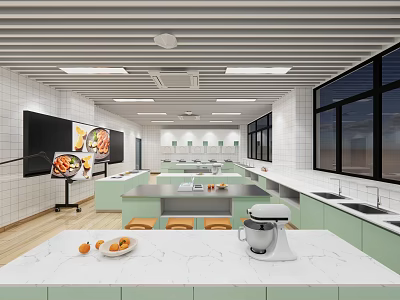 Modern School Kitchen Classroom Interior Setup With Spacious Countertops Appliances Display Screens And Cabinets 3d model
