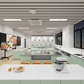 Modern School Kitchen Classroom Interior Setup With Spacious Countertops Appliances Display Screens And Cabinets
