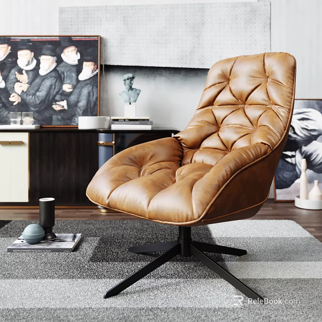 Brown Leather Tufted Leisure Chair With Modern Metal Swivel Base And Plush Comfortable Design 3d model 