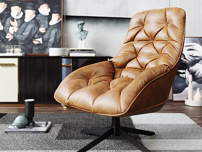 Brown Leather Tufted Leisure Chair With Modern Metal Swivel Base And Plush Comfortable Design 3d model