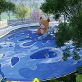 Colorful Children's Playground With Blue Slide Yellow Teddy Bear Green Trees And Grass