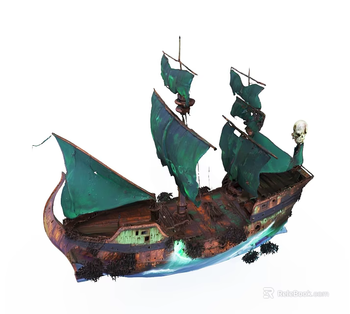 Vintage Wooden Ship With Green Sails Skull Decoration Rusted Hull And Blue Waves 3d model 