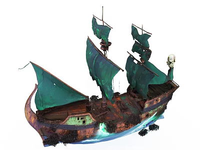 Vintage Wooden Ship With Green Sails Skull Decoration Rusted Hull And Blue Waves 3d model
