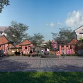 Traditional Scenic Wall In Community Plaza With Trees Greenery And People Activity