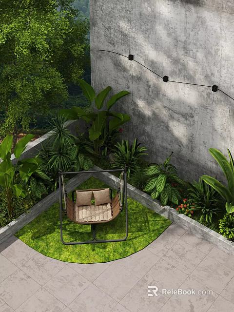 Outdoor Swing Chair With Cushioned Seat Surrounded By Green Plants And Concrete Wall 3d model 