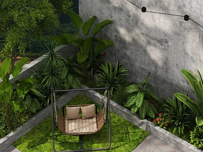 Outdoor Swing Chair With Cushioned Seat Surrounded By Green Plants And Concrete Wall 3d model