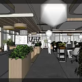 Modern Public Office Space Featuring Open Layout Green Plants Hanging Lights And Work Desks