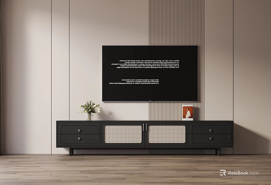 Modern Black TV Stand With Drawers Grid Doors Flower Vase And Photo Frame On Wooden Floor 3d model 
