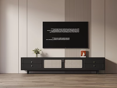 Modern Black TV Stand With Drawers Grid Doors Flower Vase And Photo Frame On Wooden Floor 3d model