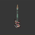 Stylish Black Electric Guitar with Colorful Floral Embroidery Green Neck and Brown Headstock