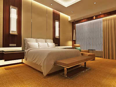 Modern Hotel Guest Room With White Bed Wooden Accents Warm Lighting And Carpet 3d model
