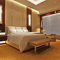 Modern Hotel Guest Room With White Bed Wooden Accents Warm Lighting And Carpet