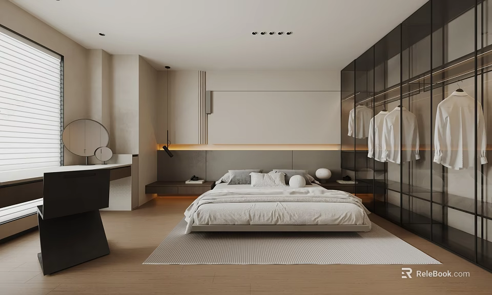 Modern Bedroom Interior With Large Bed Built in Wardrobe Dressing Table And Ambient Lighting 3d model