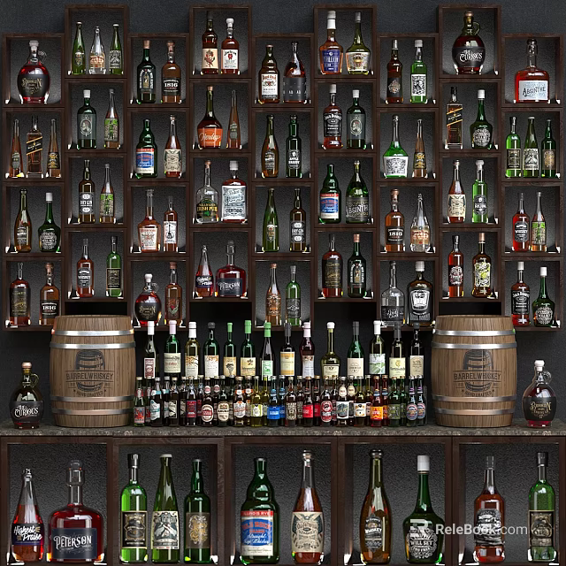 Various Alcoholic Beverage Bottles Displayed On Wooden Shelves With Barrels 3d model 