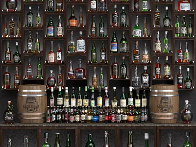 Various Alcoholic Beverage Bottles Displayed On Wooden Shelves With Barrels 3d model