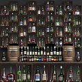 Various Alcoholic Beverage Bottles Displayed On Wooden Shelves With Barrels