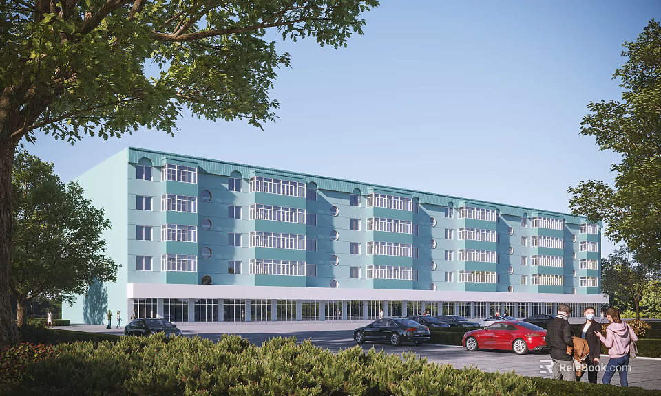Modern Light Blue School Building With Large Windows Green Trees Parking Area 3d model 