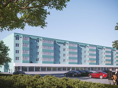 Modern Light Blue School Building With Large Windows Green Trees Parking Area 3d model